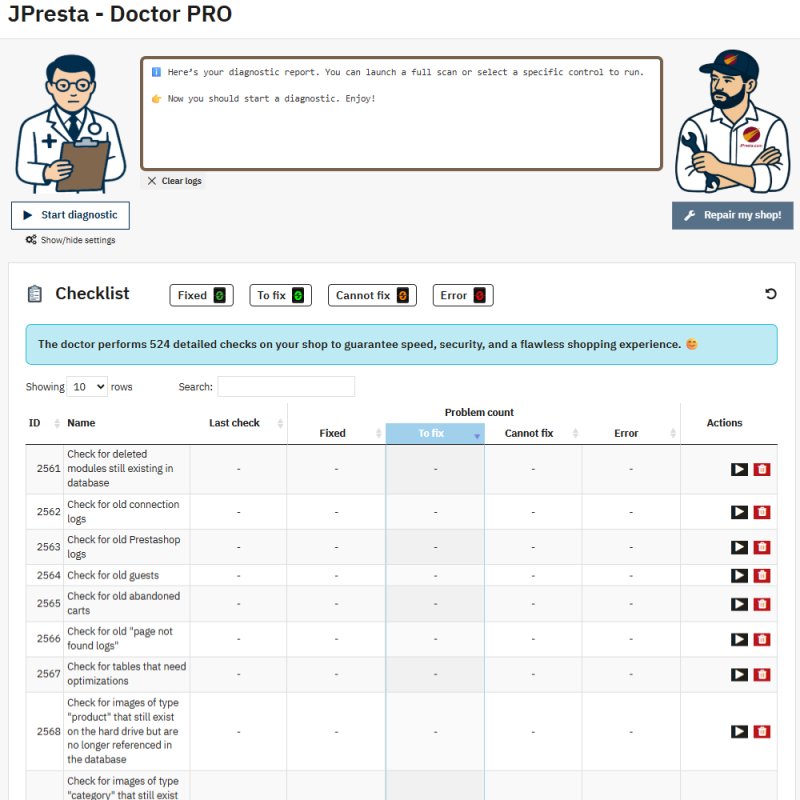 Moduł diagnozuje, naprawia, czyści i optymalizuje Twój PrestaShop